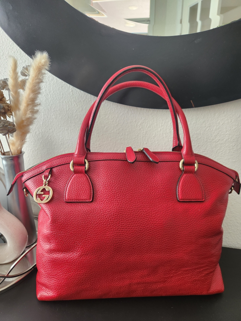Gucci Red Pebbled Leather Double-Handle Satchel with Gold GG Charm